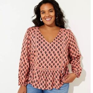 LOFT Pink and White Puff Sleeve Peplum Blouse